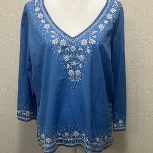 I.E. Relaxed pullover, blue with white embroidery, sequins, and beading, XL